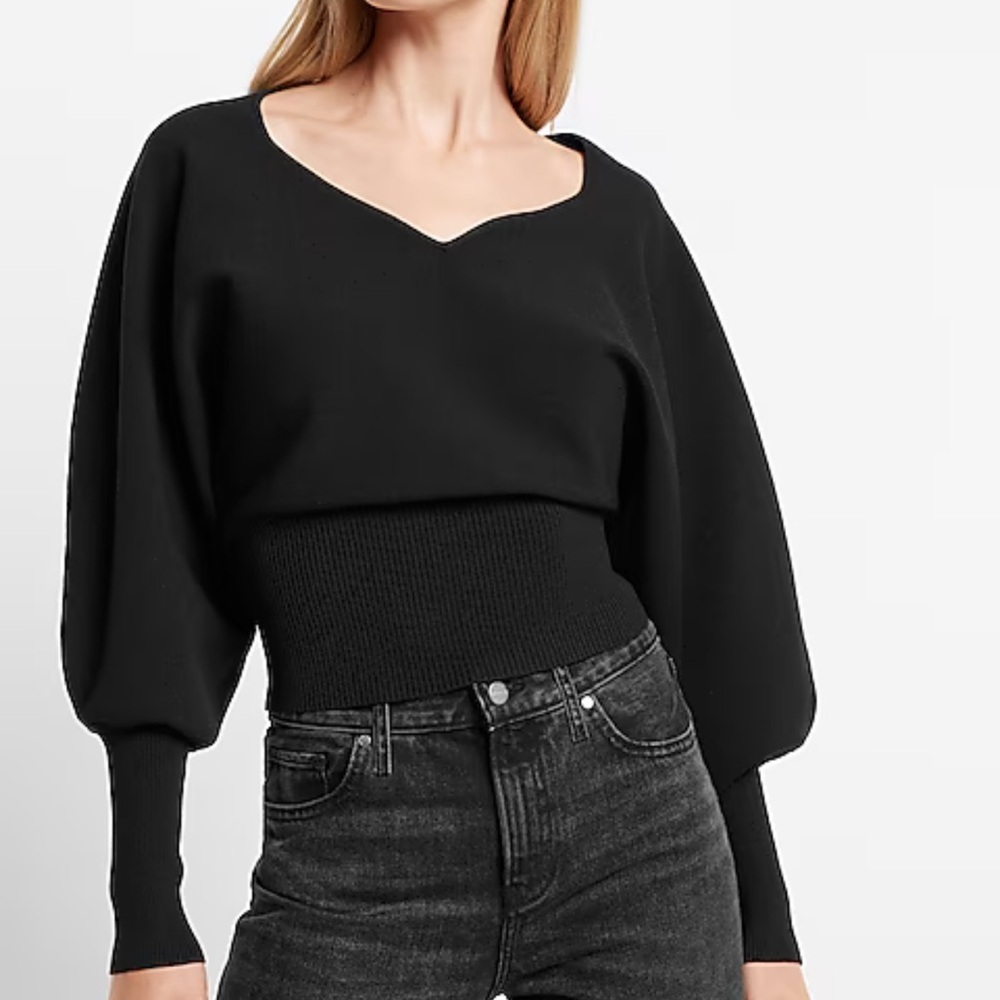 NWOT Express V-Neck Relaxed Dolman Puffy Sleeve Oversized Relaxed Black Sweater